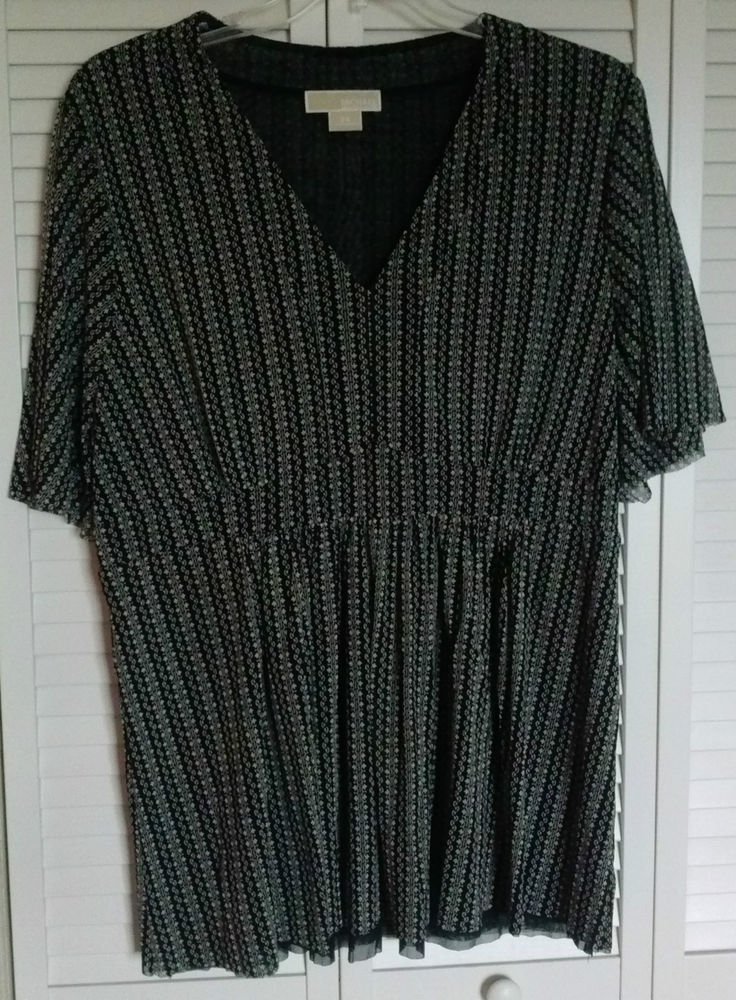 Michael Kors 2X Rough Cut Black & White Elasticized Empire Waist Pullover Blouse