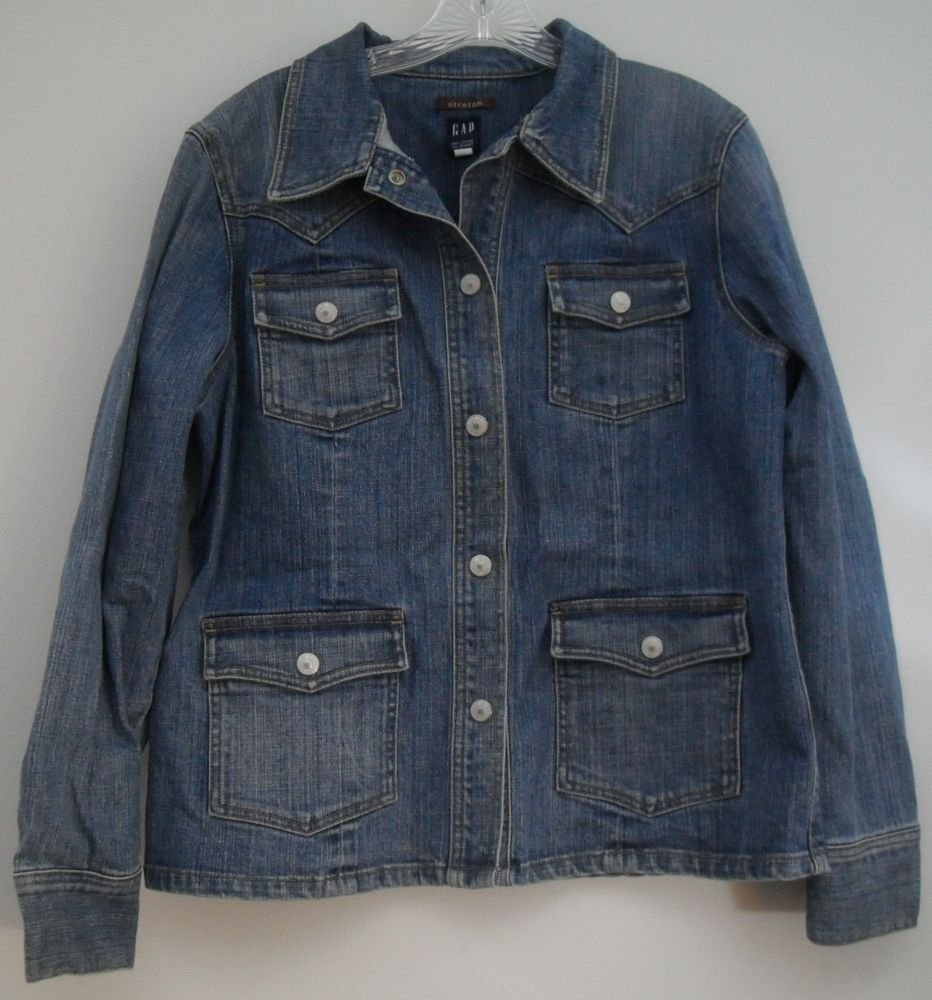 Gap Stretch Jean Jacket Snap Button Down 4 Front Patch Pockets Snap Cuff Size Lg