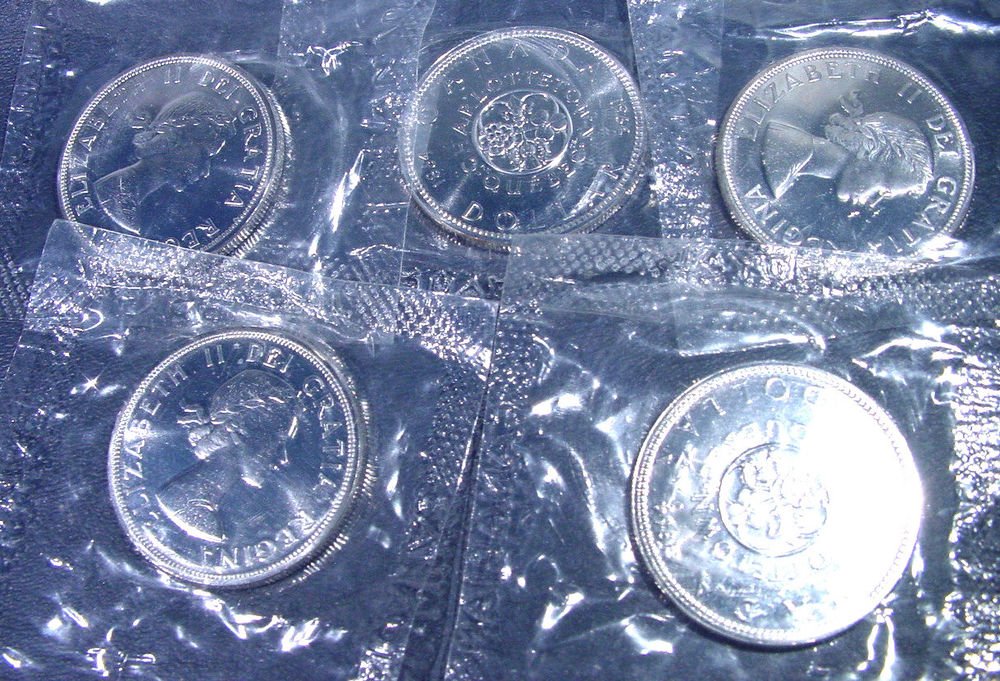 5 Canada 1964 PROOF-LIKE UNCIRCULATED Silver Dollars KM#58 Original Mint Wrap
