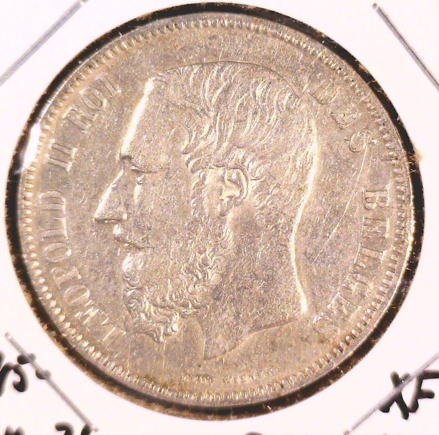 1873 Belgium 5 Francs Silver Coin XF KM#24 .7234 ASW