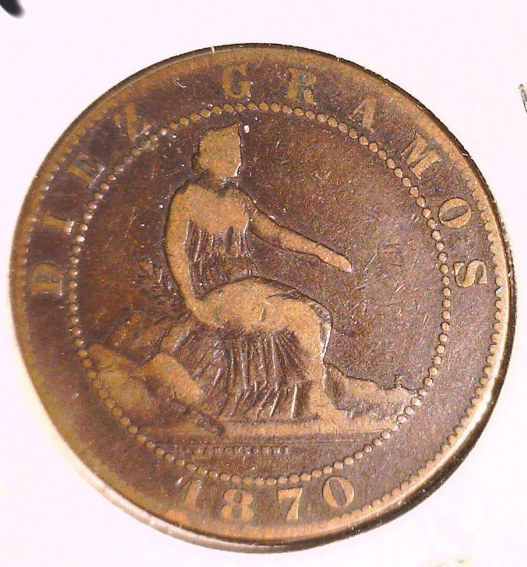 1870 O.M. Spain 10 centimos coin KM#663 Diez Gramos Diez Piezas en Kilog