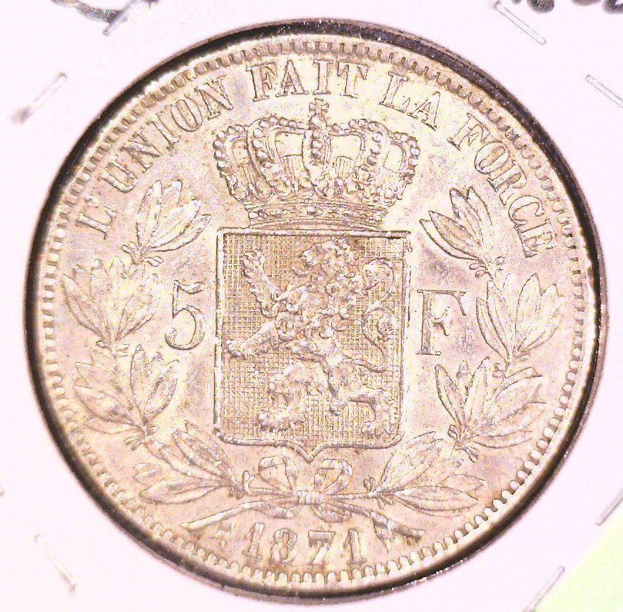 1871 Belgium 5 Francs Silver Coin XF KM#24 .7234 ASW