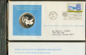 United Nations Sterling Silver Proof Medal and First Day Cover 1977 Letter Stamp