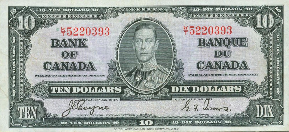 1937 Canada $10 Bank Note King George VI Pick 61 C AU About Uncirculated