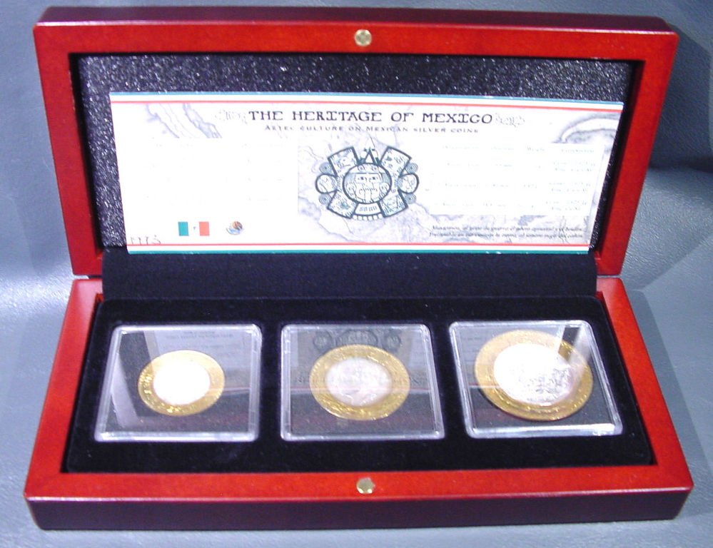 Heritage of Mexico Aztec Culture Bimetallic Silver 3 Coins Set 1993 Wood Box COA