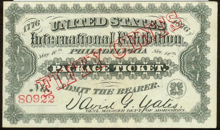 1876 Philadelphia World's Fair WHITE Ticket Crisp UNC 50 cents Red Overprint