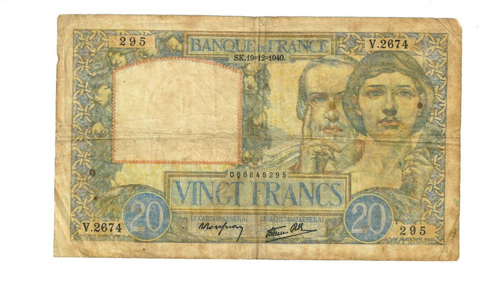 1940 France 20 francs note Pick#92 Vichy Nazi Occupation