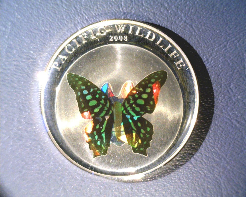 2008 Palau Silver Proof Holographic Sulfur Butterfly $5 Coin KM#170 .7435 ASW