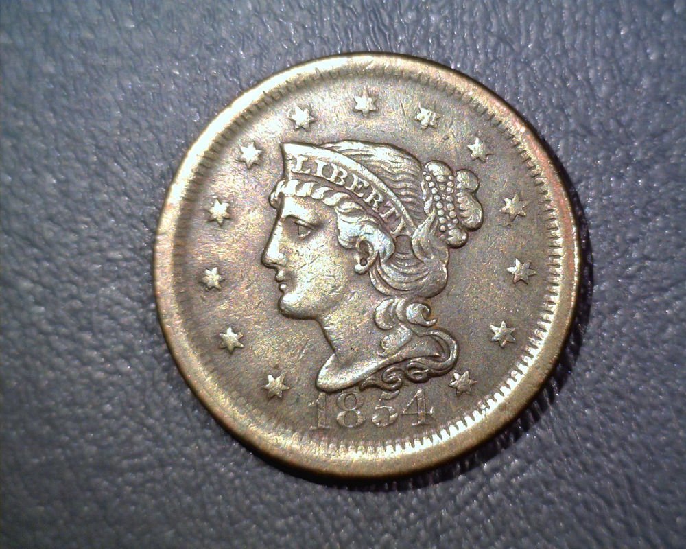 Braided Hair Large Cent 1854 AU details dipped and recolored