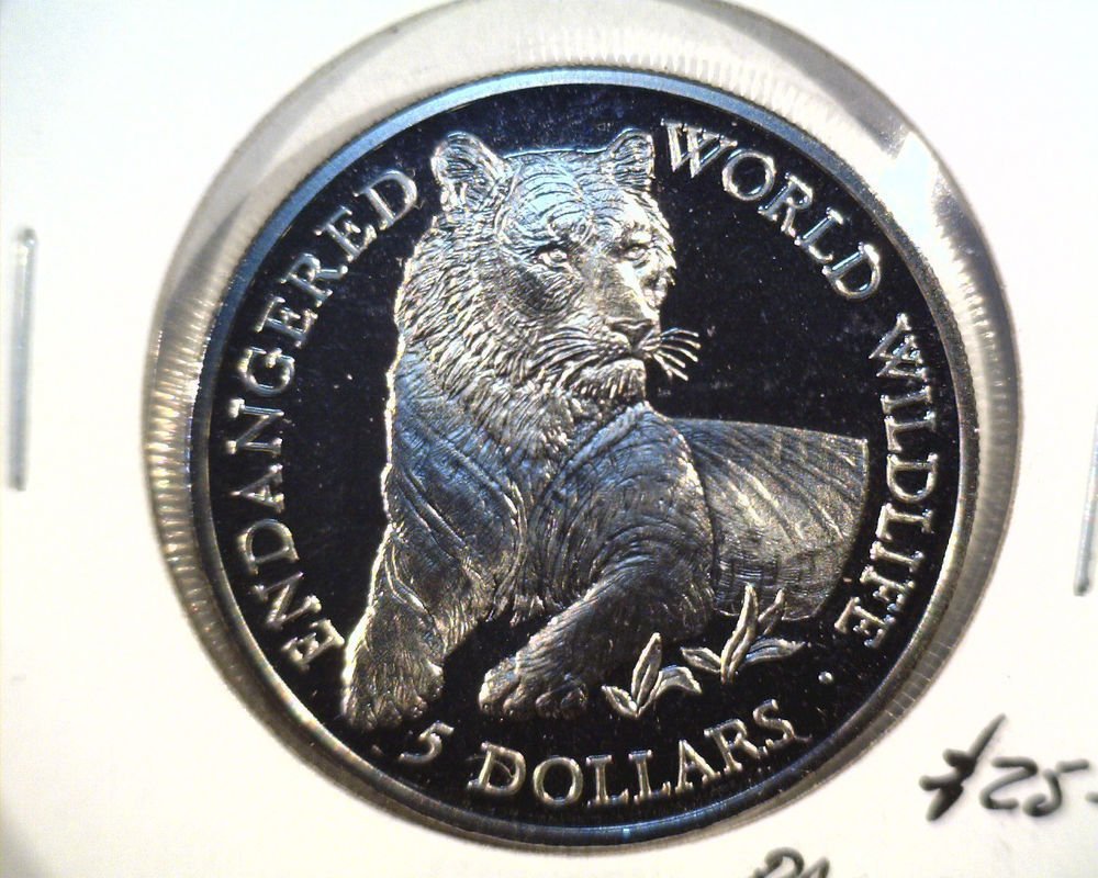 1990 Cook Islands Prooflike Five Dollars Coin KM#181 Endangered Wildlife Tiger