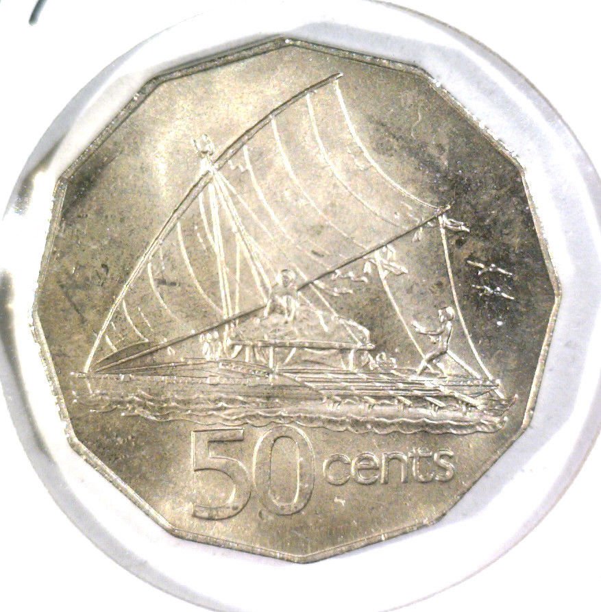 1976 Fiji 50 cent coin BU KM#36 Takia Outrigger Canoe with Sailor
