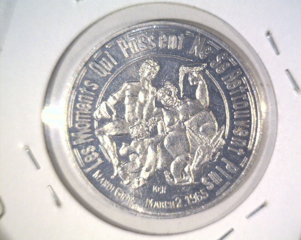 1965 Mardi Gras Doubloon New Orleans LA Founded 1718 Bacchus Riding a Bull Wine