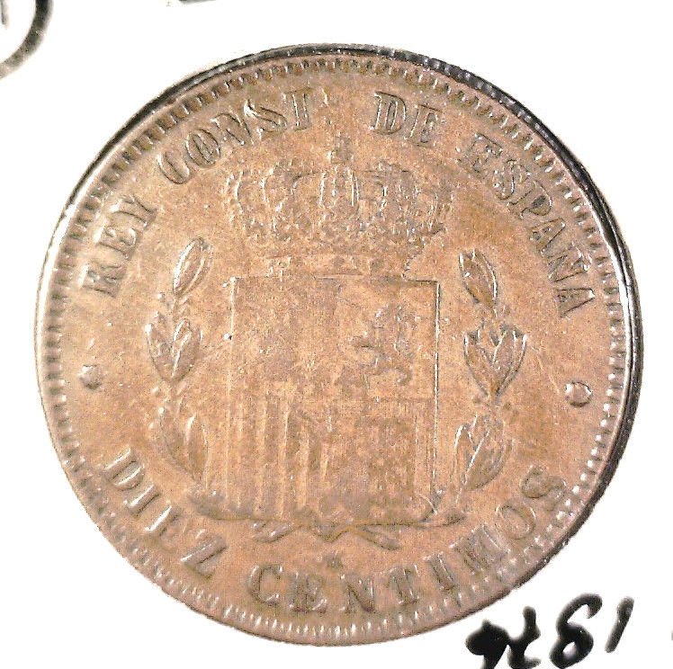 1876 D.M. Spain 10 Centimos Coin KM#675