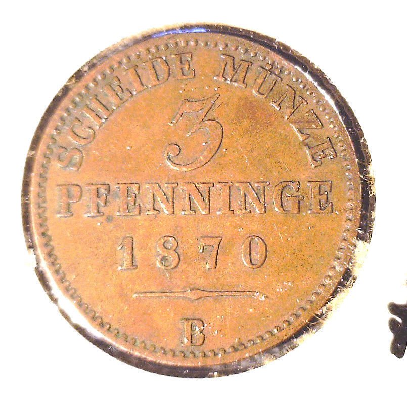 1870 B German States Prussia 3 pfenninge coin XF KM#482 120 einen thaler