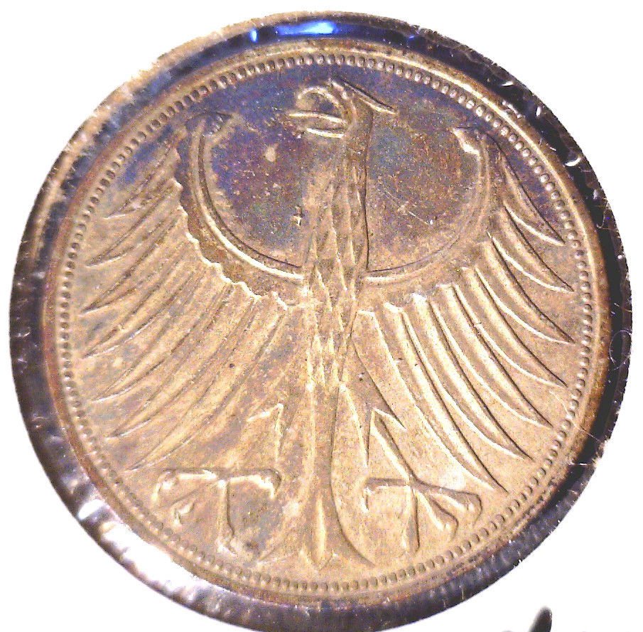 TONED ! 1974 F Germany Silver 5 Mark Coin KM#112.1 .2250 ASW Rainbow Toning
