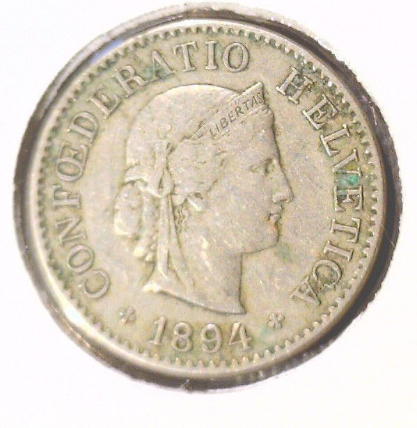 1894 B Switzerland 5 Rappen Coin KM#26 Liberty Head
