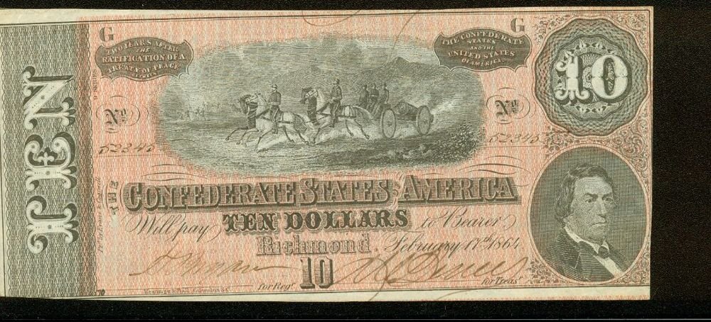 1864 Confederate States of America $10 Note Type 68 CU Horses Cannon Richmond