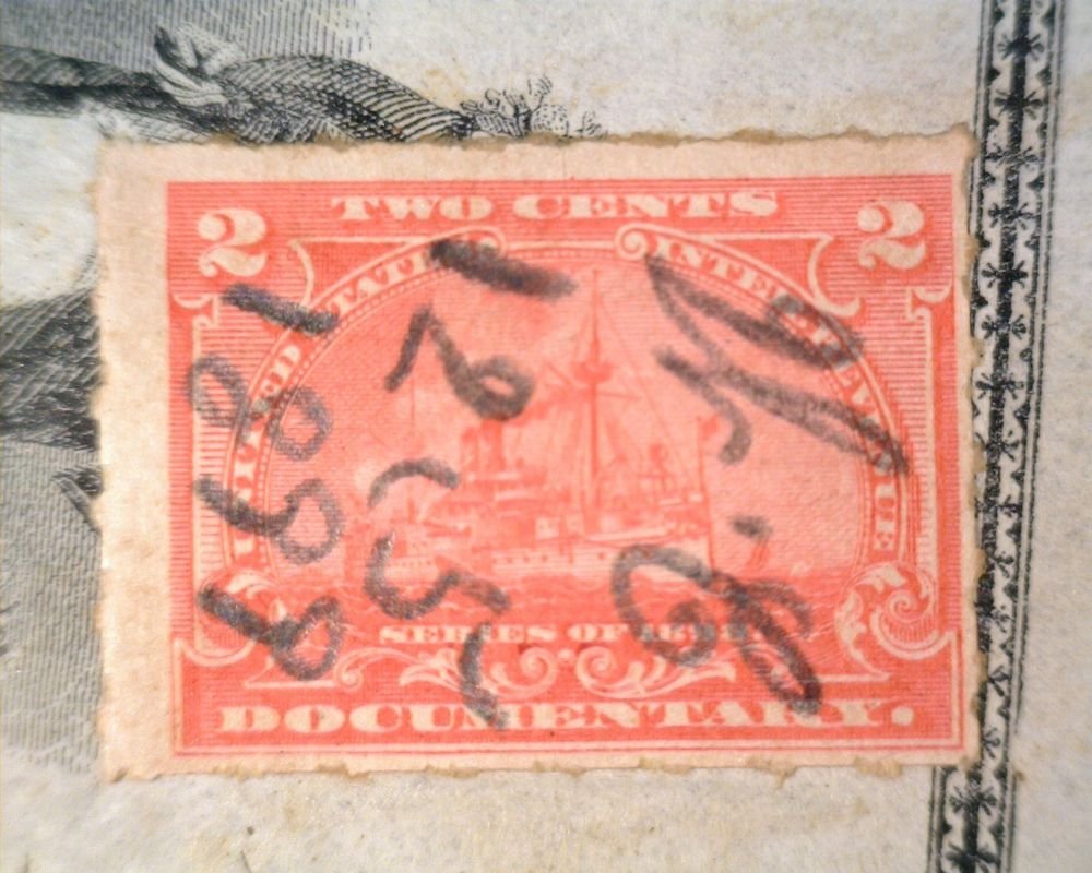 2 cent Federal Revenue Tax Stamp Revenue Act of 1898 $100 Promissory Note 1899