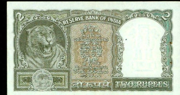 1962 India 2 rupees note Pick 31 Reserve Bank of India Tiger