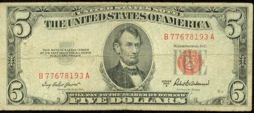 1953 Red Seal $5 Note United States Note- Legal Tender Note FR-1533
