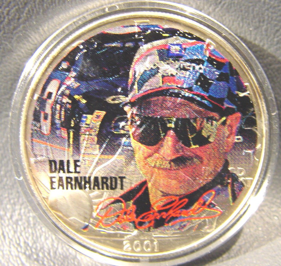 Dale Earnhardt full color portrait on a 2001 Silver American Eagle 1 oz NASCAR