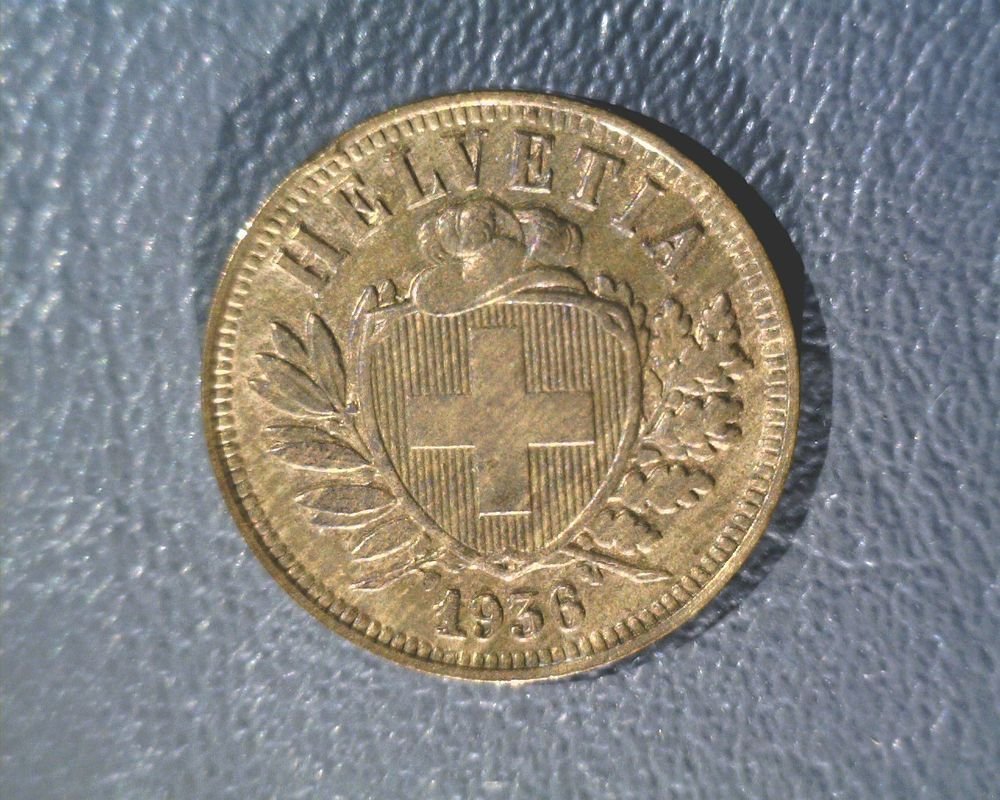 1936 (b) Switzerland 2 Rappen Coin KM#4.2a Dipped and Naturally Re-toned