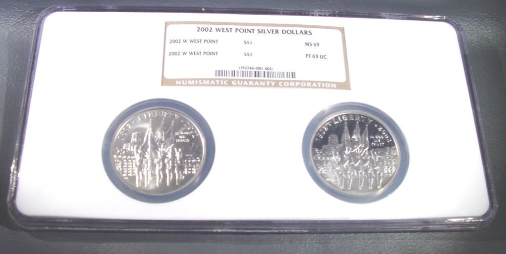2002 West Point Commemorative Silver Dollars 2 coin set NGC MS69 and PF69UC