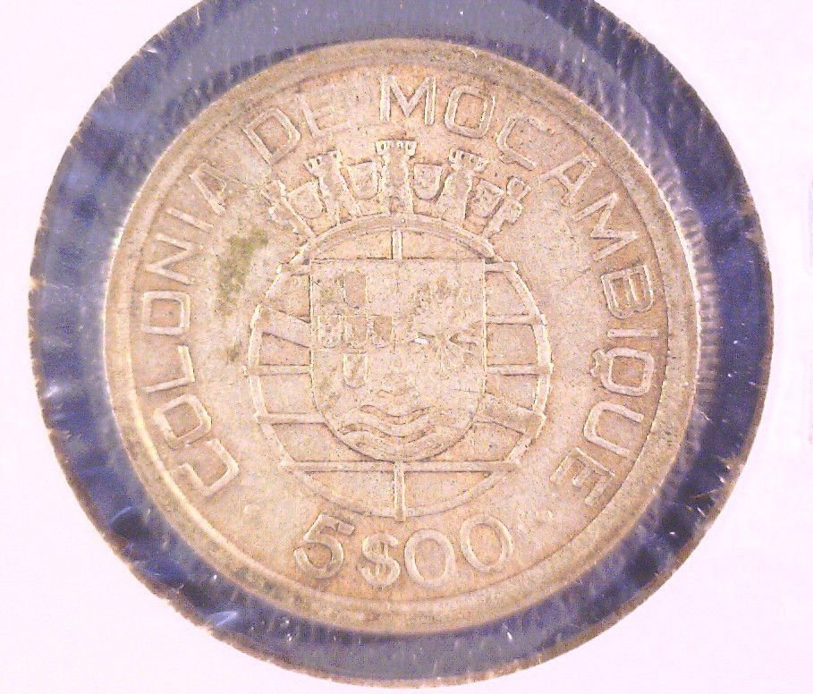Mozambique 1938 Silver 5 Escudos Coin KM#69 .1463 ASW Republica Portuguesa