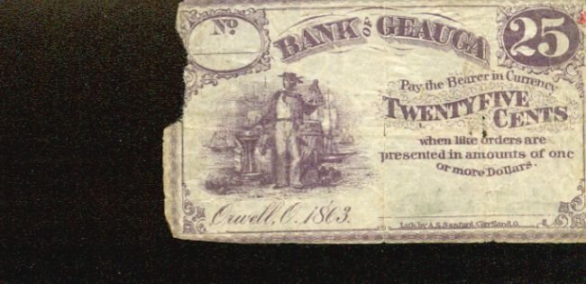 1863 Ohio Bank of Geauga 25 cents obsolete fractional note
