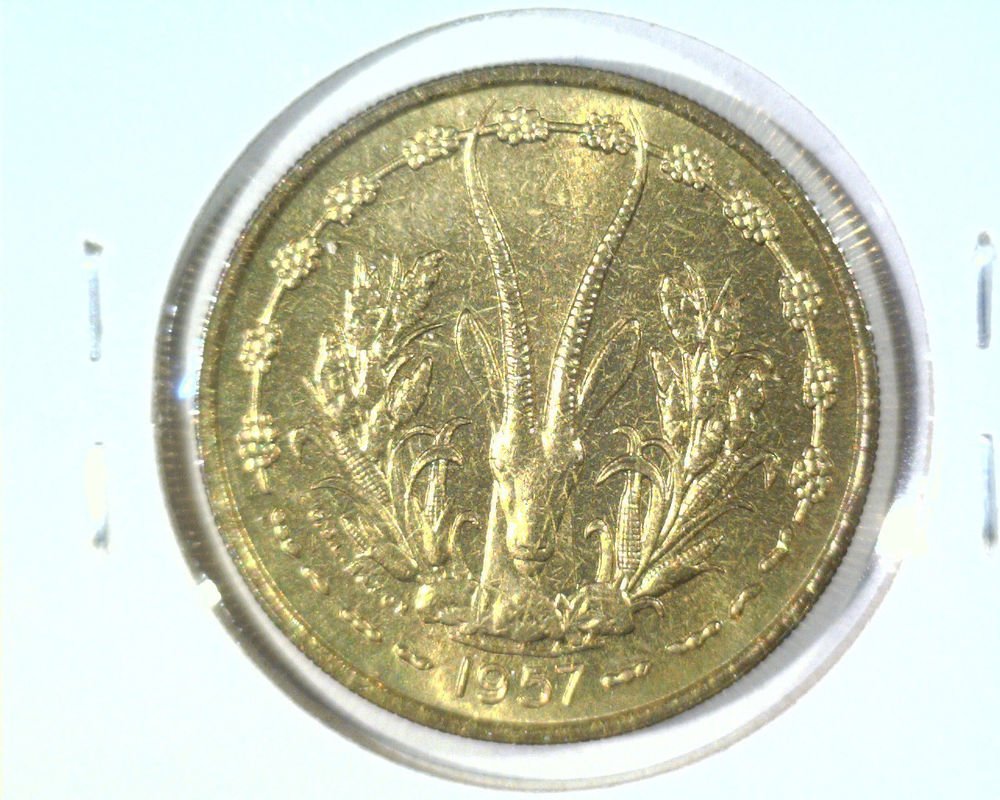 1957 French West Africa 25 francs coin KM#9 BU Great Eland Antelope