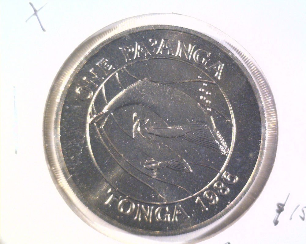 1986 Tonga One Pa'Anga Prooflike Coin KM#128 Humpback Whale and Calf