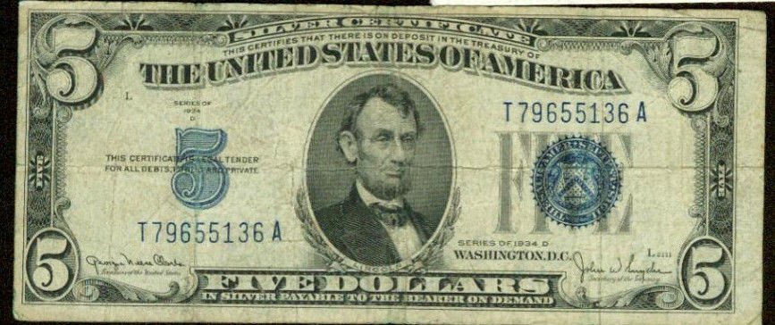 1934 D $5 Silver Certificate Blue Seal FR-1654