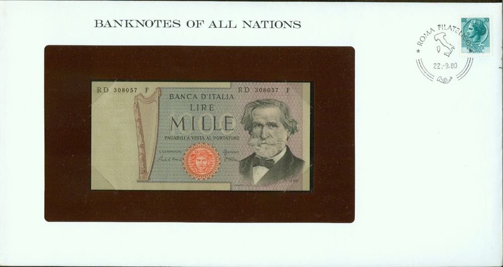 1980 Italy 1000 Lire Note Pick#101g CRISP UNCIRCULATED ! In Sealed envelope