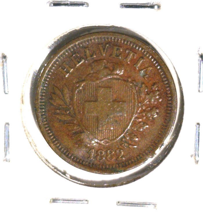 1882 B Switzerland Rappen Coin KM#3.1 XF details damaged