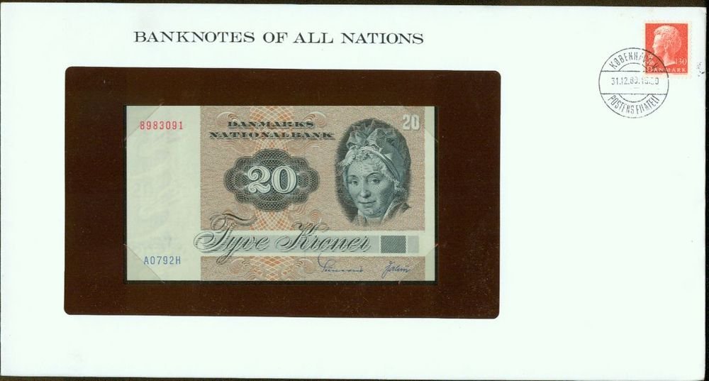1979 Denmark 20 Kroner Note Pick#49a CRISP UNCIRCULATED ! In Sealed envelope
