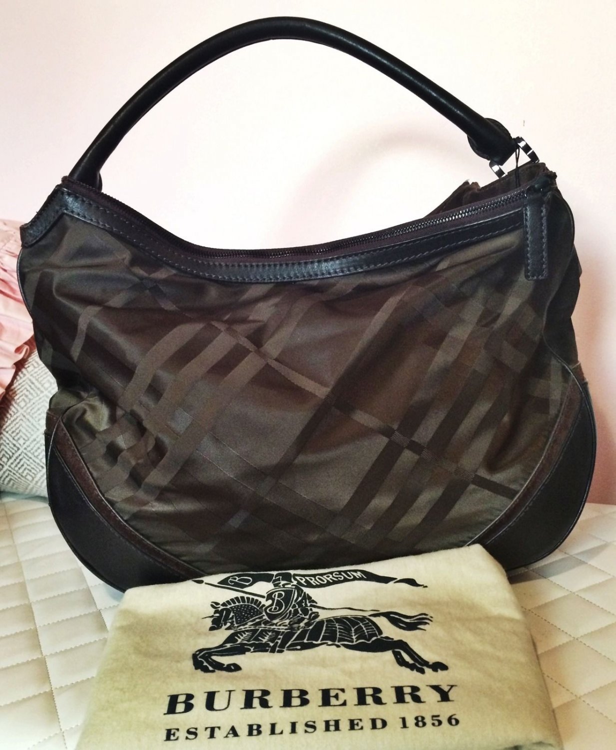 Burberry XL RARE Tonal Check Nylon & Brown Leather Hobo Bag Purse
