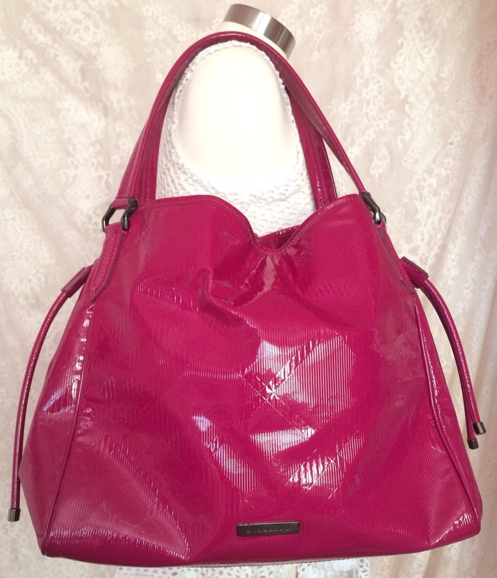 Burberry Large Pink Fuchsia Embossed Patent Leather Tote Purse