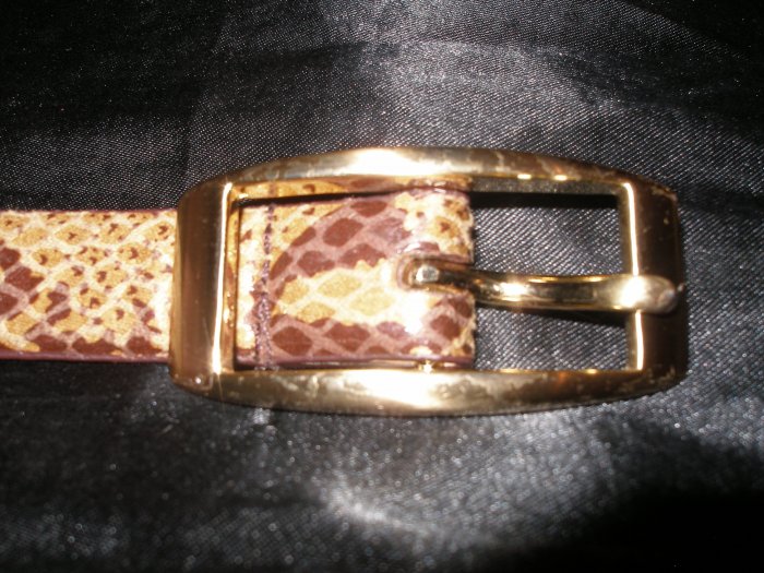 vintage snake skin belt with gold buckle, leather, size medium (but fits more like a small)