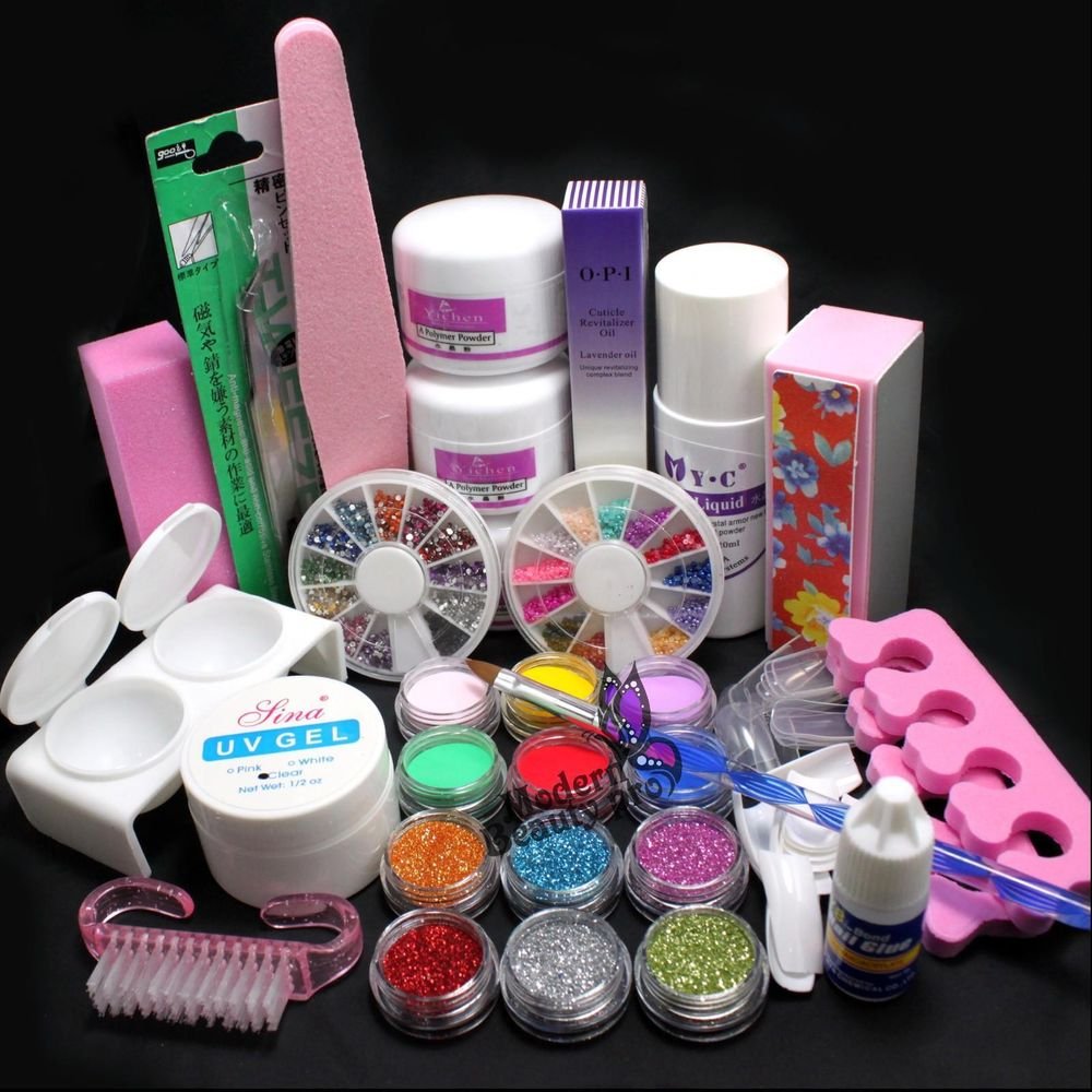 21in1 DIY Acrylic Powder Glitter Nail Art Brush Glue UV Tips Tools Full Kit Set