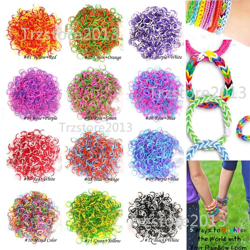 12 Duotone Color 600 Pcs DIY Refill Rubber Bands 25 Clips Tools for Rainbow Loom