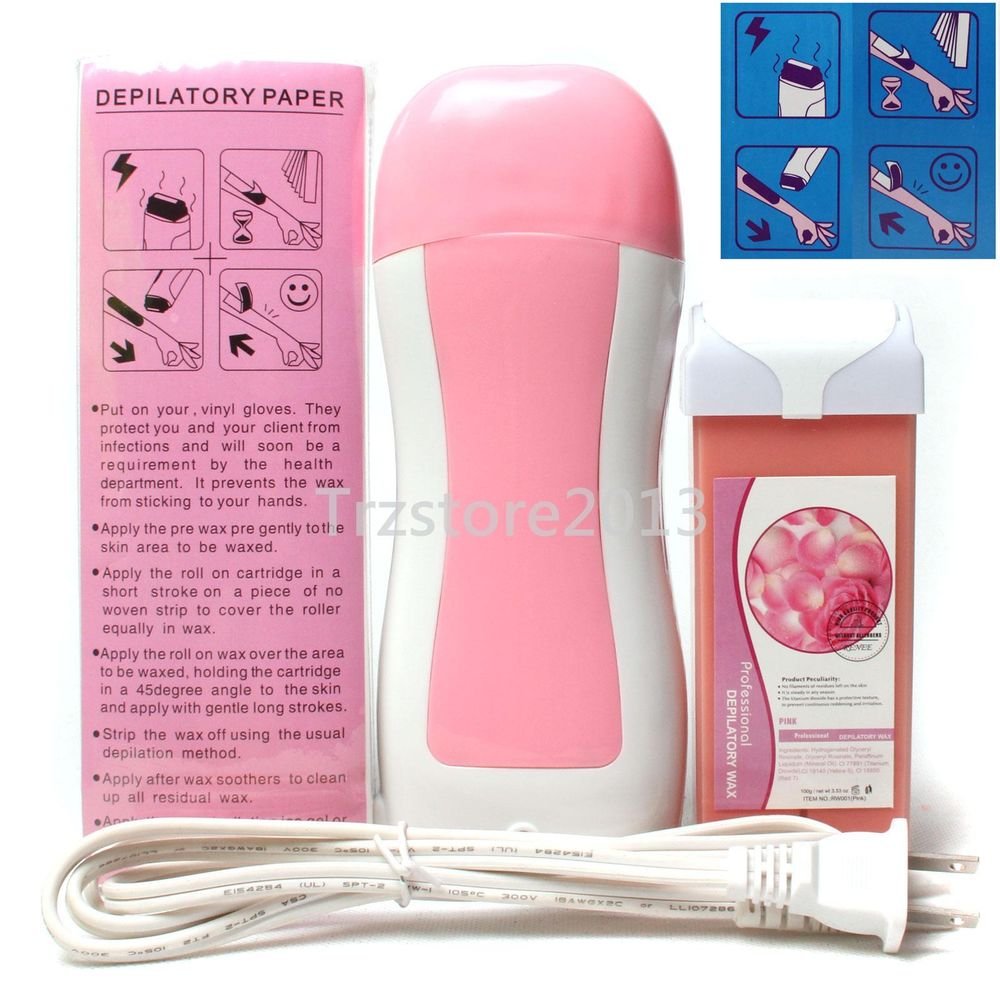 3in1 Pink Hair Removal Roller Depilatory Heater Rose Wax Warmer Paper Full Kit