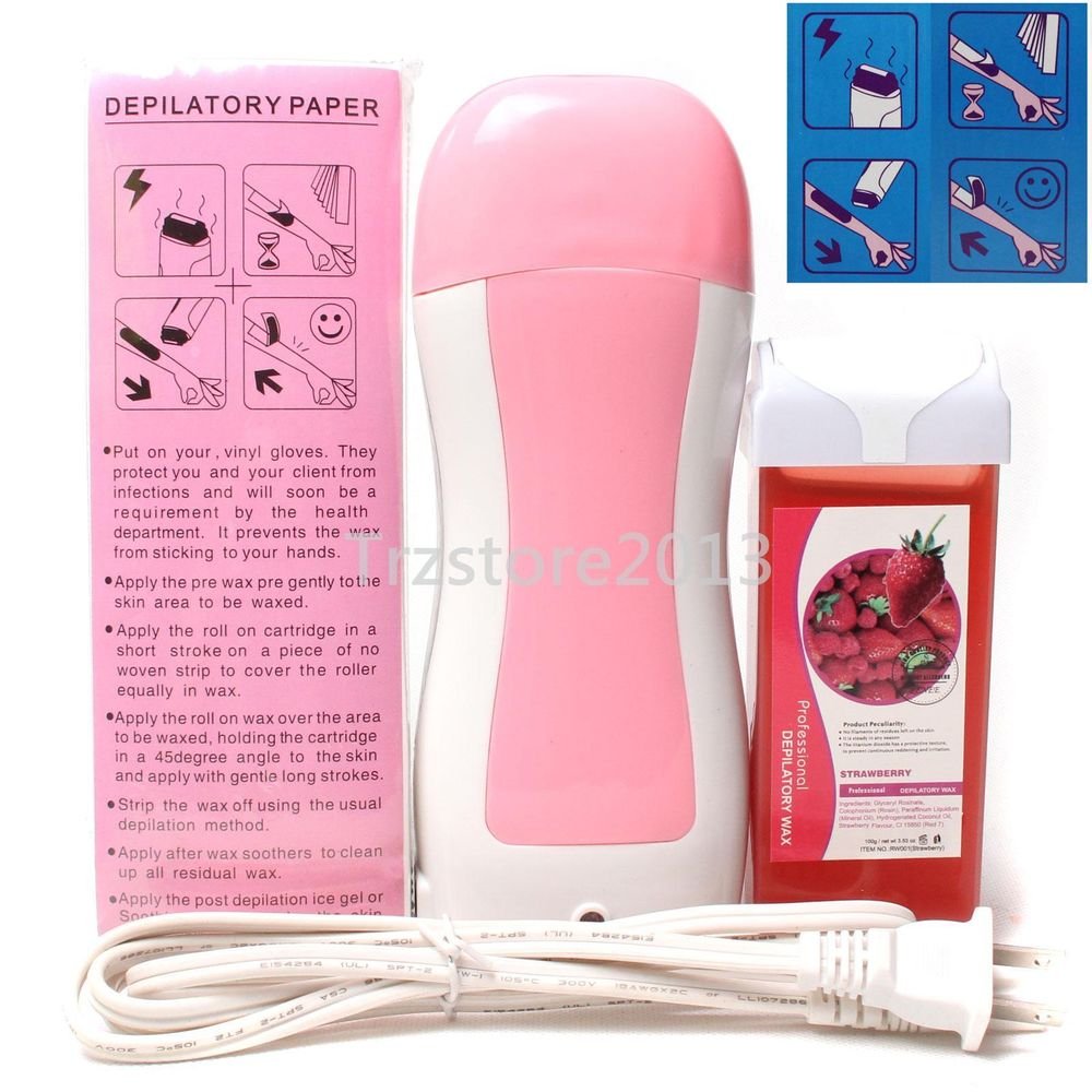 Pink Hair Removal Roller Depilatory Heater Strawberry Wax Warmer Paper Full Kit