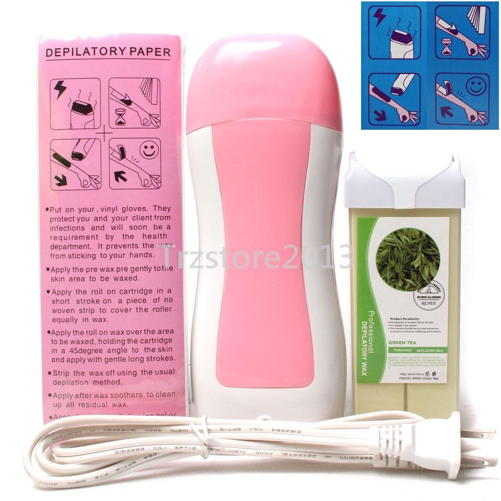 Pink Hair Removal Roller Depilatory Heater Green Tea Wax Warmer Paper Full Set