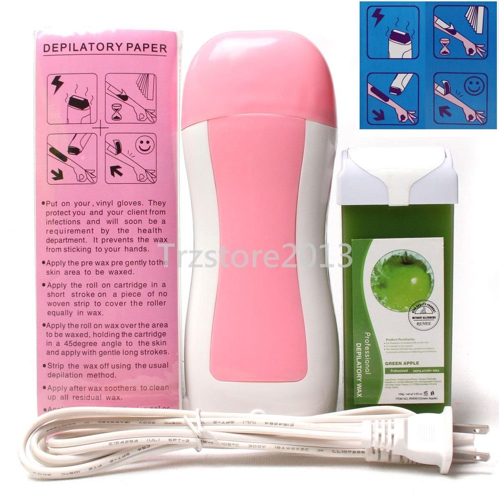 Hair Removal Roller Depilatory Heater Green Apple 100g Wax Warmer Paper Full Set