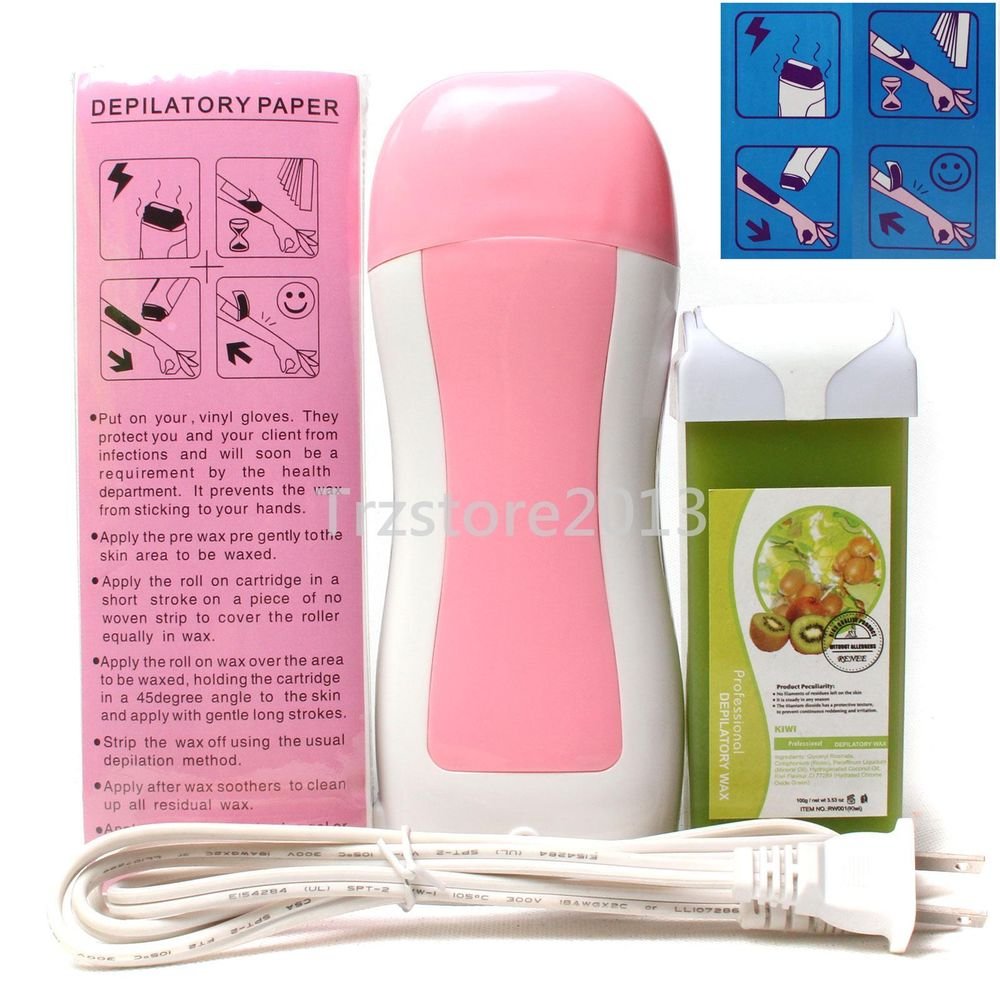Pink Hair Removal Roller Depilatory Heater Kiwi Fruit Wax Warmer Paper Full Set