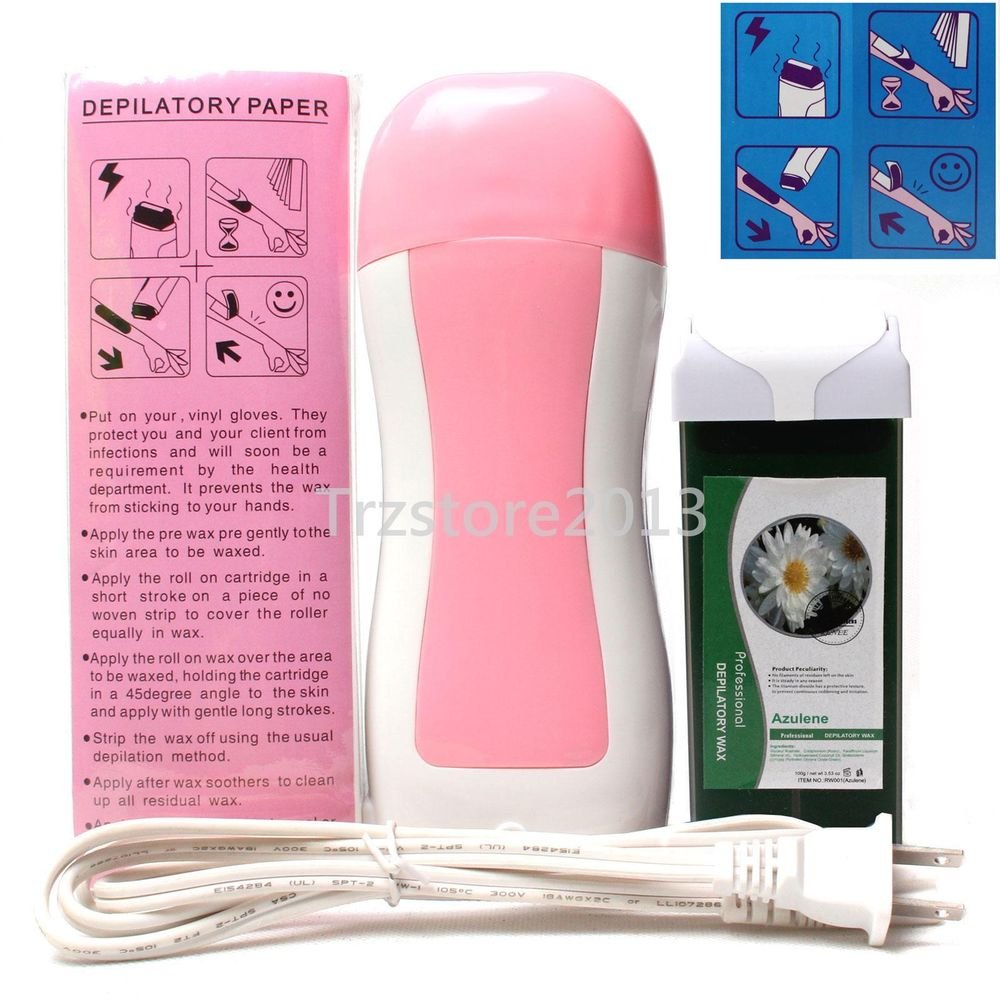 Pink Hair Removal Roller Depilatory Heater Azulene Wax Warmer Paper Full Set