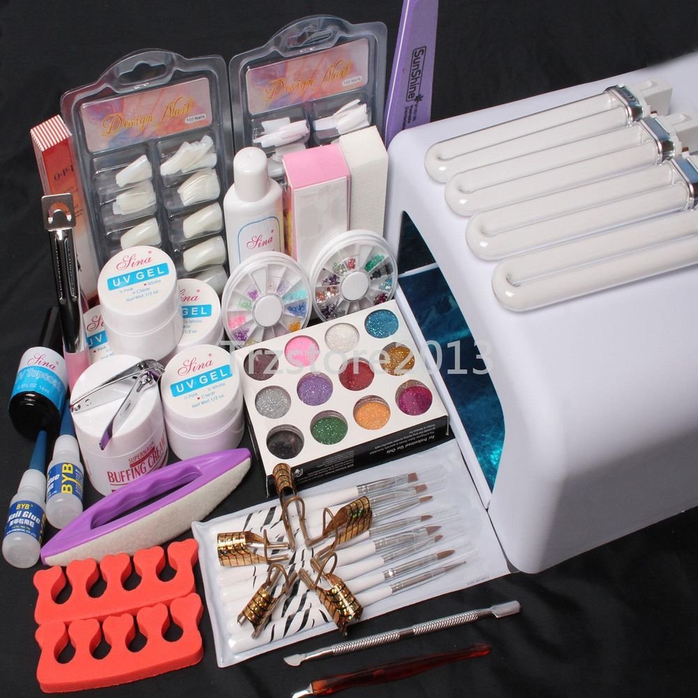 26 in 1 Nail Art Tips UV Builder Gel Brush 36W Timer Dryer Lamp Decorations Kit