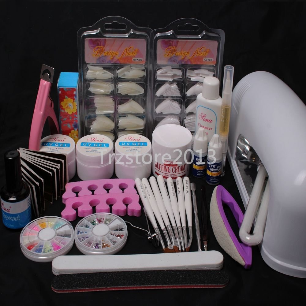 DIY Professional Nail Art UV Gel Kit Tools UV Lamp Brush Nail Tips Glue Set
