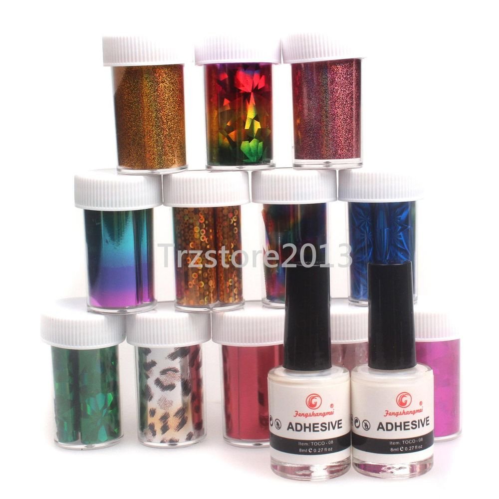 3in1 Pro 12 Color Nail Art Tips Transfer Foil Sticker 2Pcs Glue Adhesive 8ml Set