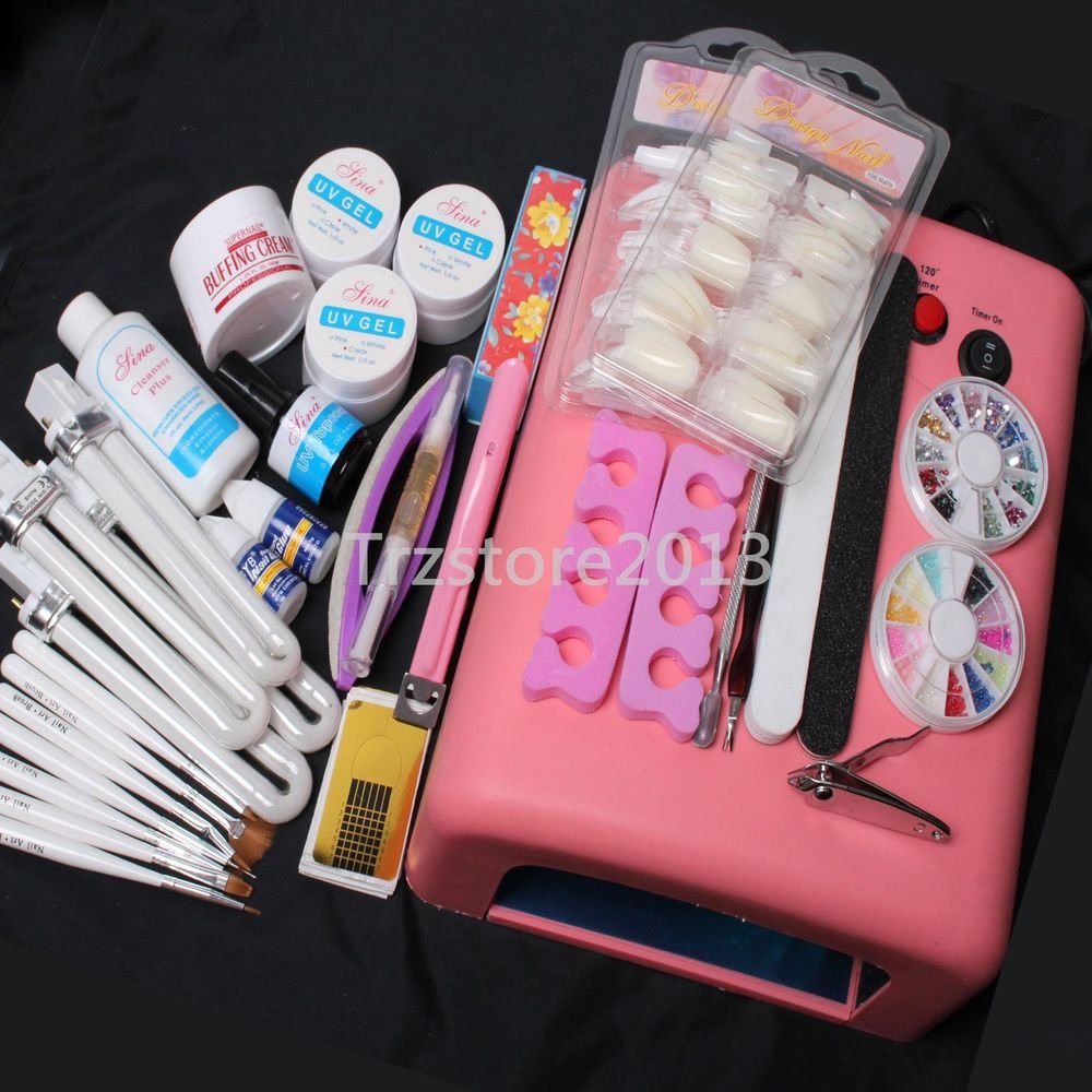 UV Gel Lamp Dryer Brush Pusher Files Nipper Nail Tips Art Tools Kit US Seller